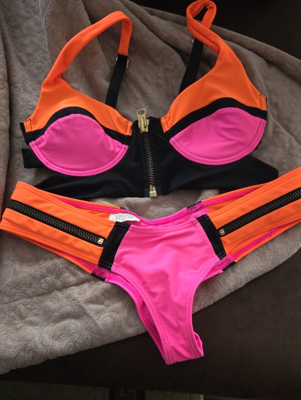 Beach Bunny Neon Pink & Orange Colorblock Zip Bikini